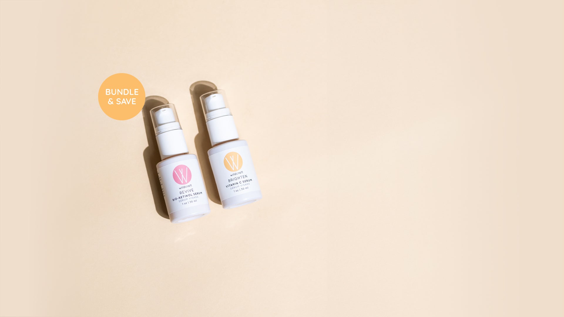 Revive Bio-Retinol Face Serum and Brighten Vitamin C Face Serum bottles on a solid background.